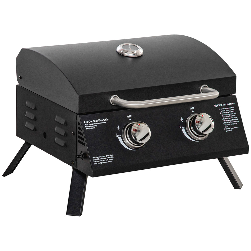 Barbecue gaz de Table transportable Pieds Pliables - 2 brûleurs 5 KW - Barbecue gaz de Camping - Grille de Cuisson, réceptacle Graisse, thermomètre - Acier de Qualité Alimentaire Noir