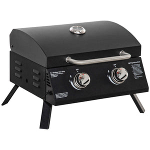 Barbecue gaz de Table transportable Pieds Pliables - 2 brûleurs 5 KW - Barbecue gaz de Camping - Grille de Cuisson, réceptacle Graisse, thermomètre - Acier de Qualité Alimentaire Noir