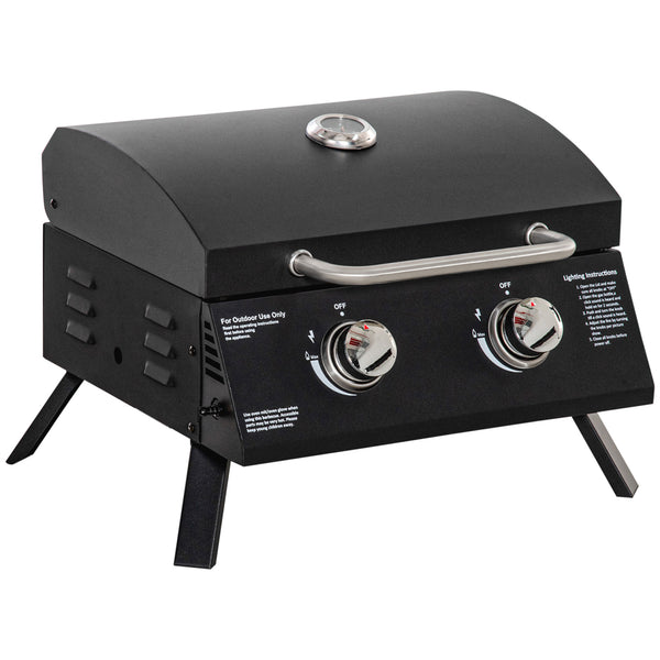Barbecue gaz de Table transportable Pieds Pliables - 2 brûleurs 5 KW - Barbecue gaz de Camping - Grille de Cuisson, réceptacle Graisse, thermomètre - Acier de Qualité Alimentaire Noir