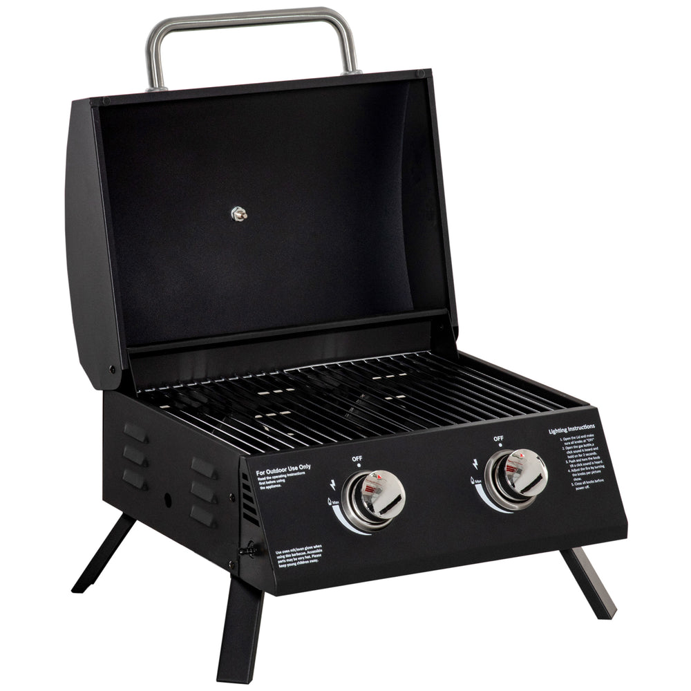 Barbecue gaz de Table transportable Pieds Pliables - 2 brûleurs 5 KW - Barbecue gaz de Camping - Grille de Cuisson, réceptacle Graisse, thermomètre - Acier de Qualité Alimentaire Noir