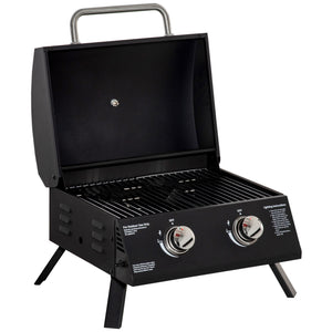 Barbecue gaz de Table transportable Pieds Pliables - 2 brûleurs 5 KW - Barbecue gaz de Camping - Grille de Cuisson, réceptacle Graisse, thermomètre - Acier de Qualité Alimentaire Noir