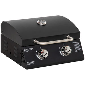 Barbecue gaz de Table transportable Pieds Pliables - 2 brûleurs 5 KW - Barbecue gaz de Camping - Grille de Cuisson, réceptacle Graisse, thermomètre - Acier de Qualité Alimentaire Noir