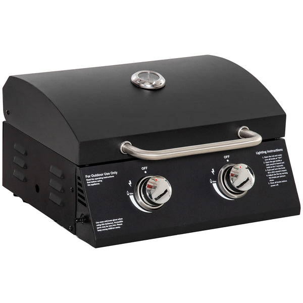 Barbecue gaz de Table transportable Pieds Pliables - 2 brûleurs 5 KW - Barbecue gaz de Camping - Grille de Cuisson, réceptacle Graisse, thermomètre - Acier de Qualité Alimentaire Noir