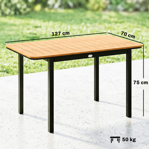 Table de Jardin pour 6 Personnes, 127 x 70 cm, Table d'Extérieur avec Plateau à Lattes en Bois Plastique, Cadre en Métal, Patins Réglables, Mobilier pour Balcon, Terrasse, Marron