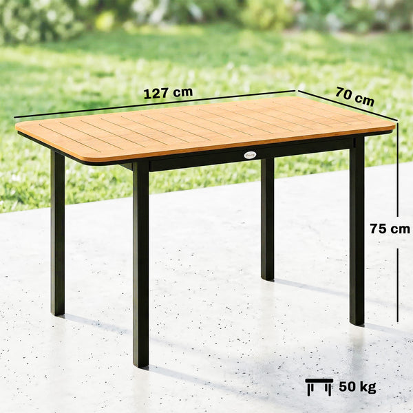 Table de Jardin pour 6 Personnes, 127 x 70 cm, Table d'Extérieur avec Plateau à Lattes en Bois Plastique, Cadre en Métal, Patins Réglables, Mobilier pour Balcon, Terrasse, Marron