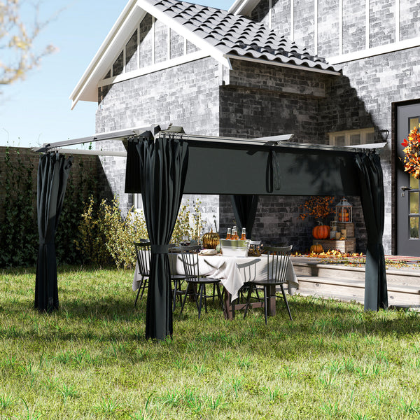 Pergola 4 x 3 m avec Auvent Rétractable et Rideaux, Tonnelle Extérieure UPF30+ pour Jardin, Patio, Terrasse, Gris foncé