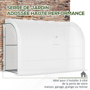 Serre de Jardin Adossée avec Étagères 3 Niveaux, Petite Serre de Balcon en Bâche PE 140 g/㎡ Renforcée et Châssis Acier, pour Légumes et Fleurs, Intérieur et Extérieur, 300x150x213cm, Blanc