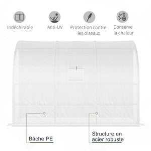 Serre de Jardin Adossée avec Étagères 3 Niveaux, Petite Serre de Balcon en Bâche PE 140 g/㎡ Renforcée et Châssis Acier, pour Légumes et Fleurs, Intérieur et Extérieur, 300x150x213cm, Blanc