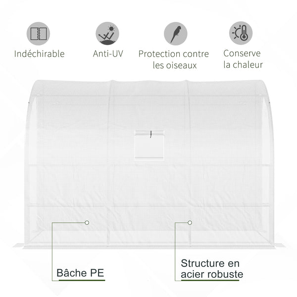 Serre de Jardin Adossée avec Étagères 3 Niveaux, Petite Serre de Balcon en Bâche PE 140 g/㎡ Renforcée et Châssis Acier, pour Légumes et Fleurs, Intérieur et Extérieur, 300x150x213cm, Blanc