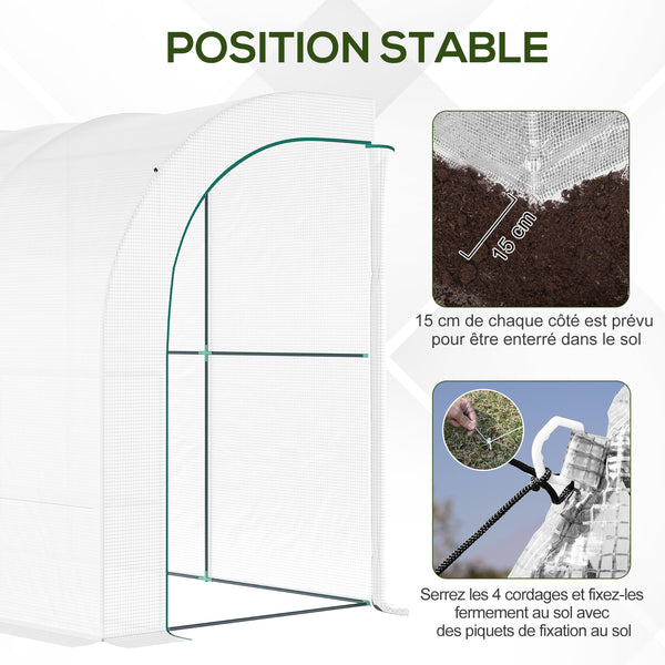 Serre de Jardin Adossée avec Étagères 3 Niveaux, Petite Serre de Balcon en Bâche PE 140 g/㎡ Renforcée et Châssis Acier, pour Légumes et Fleurs, Intérieur et Extérieur, 300x150x213cm, Blanc