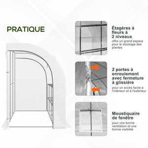 Serre de Jardin Adossée avec Étagères 3 Niveaux, Petite Serre de Balcon en Bâche PE 140 g/㎡ Renforcée et Châssis Acier, pour Légumes et Fleurs, Intérieur et Extérieur, 300x150x213cm, Blanc