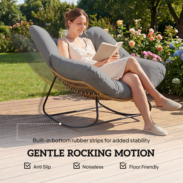 Fauteuil à bascule avec coussin résistant aux intempéries Fauteuil de jardin jusqu'à 120 kg fauteuil relax extérieur pour salon, jardin, pelouse, balcon, véranda Gris
