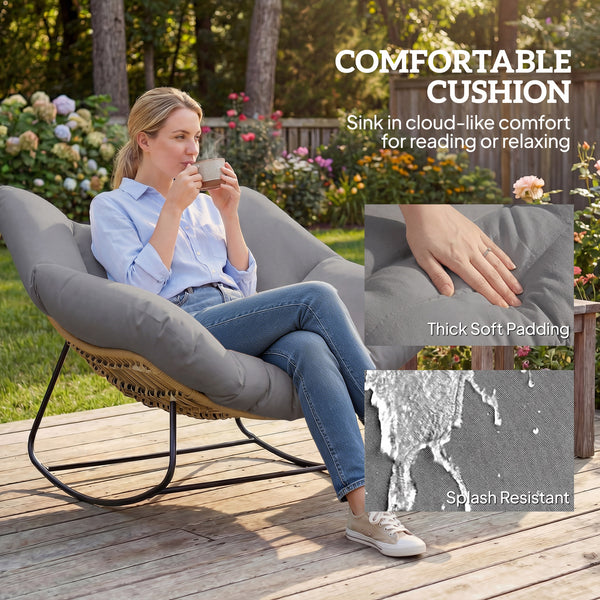 Fauteuil à bascule avec coussin résistant aux intempéries Fauteuil de jardin jusqu'à 120 kg fauteuil relax extérieur pour salon, jardin, pelouse, balcon, véranda Gris