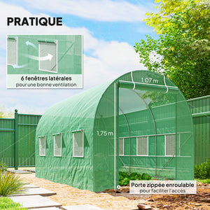 Serre de Jardin Tunnel Surface Sol 7m² 3,5L x 2l x 2H m châssis Tubulaire renforcé Porte zippée 6 fenêtres enroulables Vert
