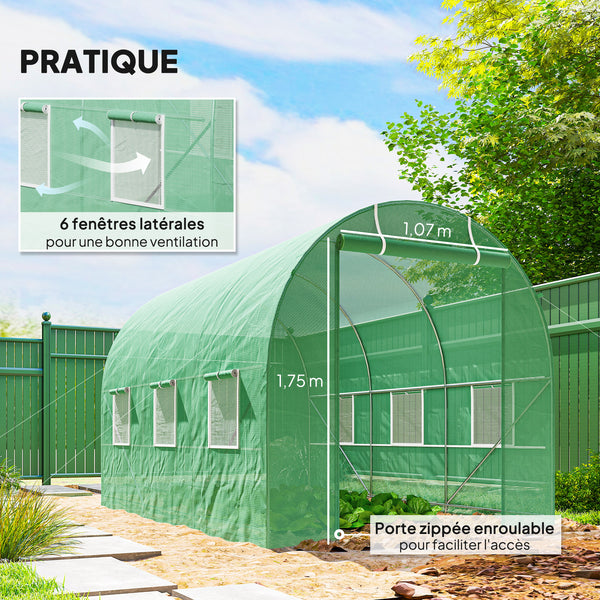 Serre de Jardin Tunnel Surface Sol 7m² 3,5L x 2l x 2H m châssis Tubulaire renforcé Porte zippée 6 fenêtres enroulables Vert