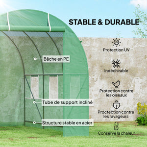 Serre de Jardin Tunnel Surface Sol 7m² 3,5L x 2l x 2H m châssis Tubulaire renforcé Porte zippée 6 fenêtres enroulables Vert