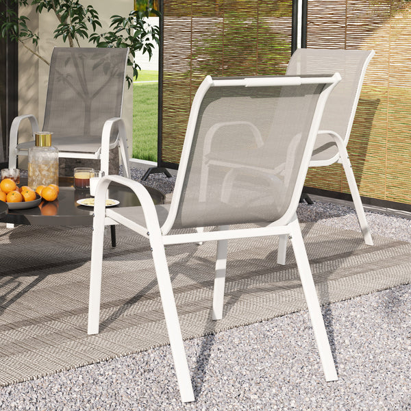 Lot de 4 chaises de jardin, chaises empilables, dossier haut incliné, tissu en maille respirante, cadre en acier, gris