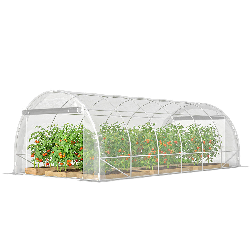 Serre tunnel de jardin 18m², serre de jardin tunnel 296x597x199cm avec cadre acier galvanisé, 2 portes, bâche PE haute densité 150g/m² prolongée de 20 cm, pour extérieur transparent