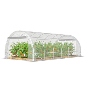 Serre tunnel de jardin 18m², serre de jardin tunnel 296x597x199cm avec cadre acier galvanisé, 2 portes, bâche PE haute densité 150g/m² prolongée de 20 cm, pour extérieur transparent