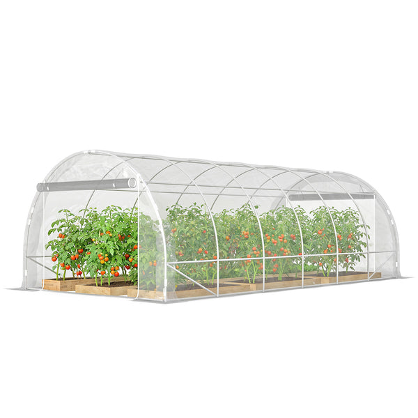Serre tunnel de jardin 18m², serre de jardin tunnel 296x597x199cm avec cadre acier galvanisé, 2 portes, bâche PE haute densité 150g/m² prolongée de 20 cm, pour extérieur transparent