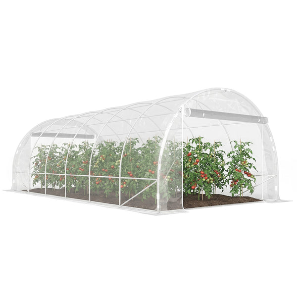 Serre tunnel de jardin 18m², serre de jardin tunnel 296x597x199cm avec cadre acier galvanisé, 2 portes, bâche PE haute densité 150g/m² prolongée de 20 cm, pour extérieur transparent