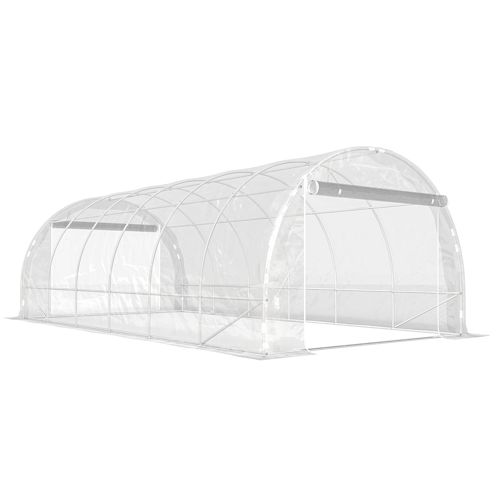 Serre tunnel de jardin 18m², serre de jardin tunnel 296x597x199cm avec cadre acier galvanisé, 2 portes, bâche PE haute densité 150g/m² prolongée de 20 cm, pour extérieur transparent