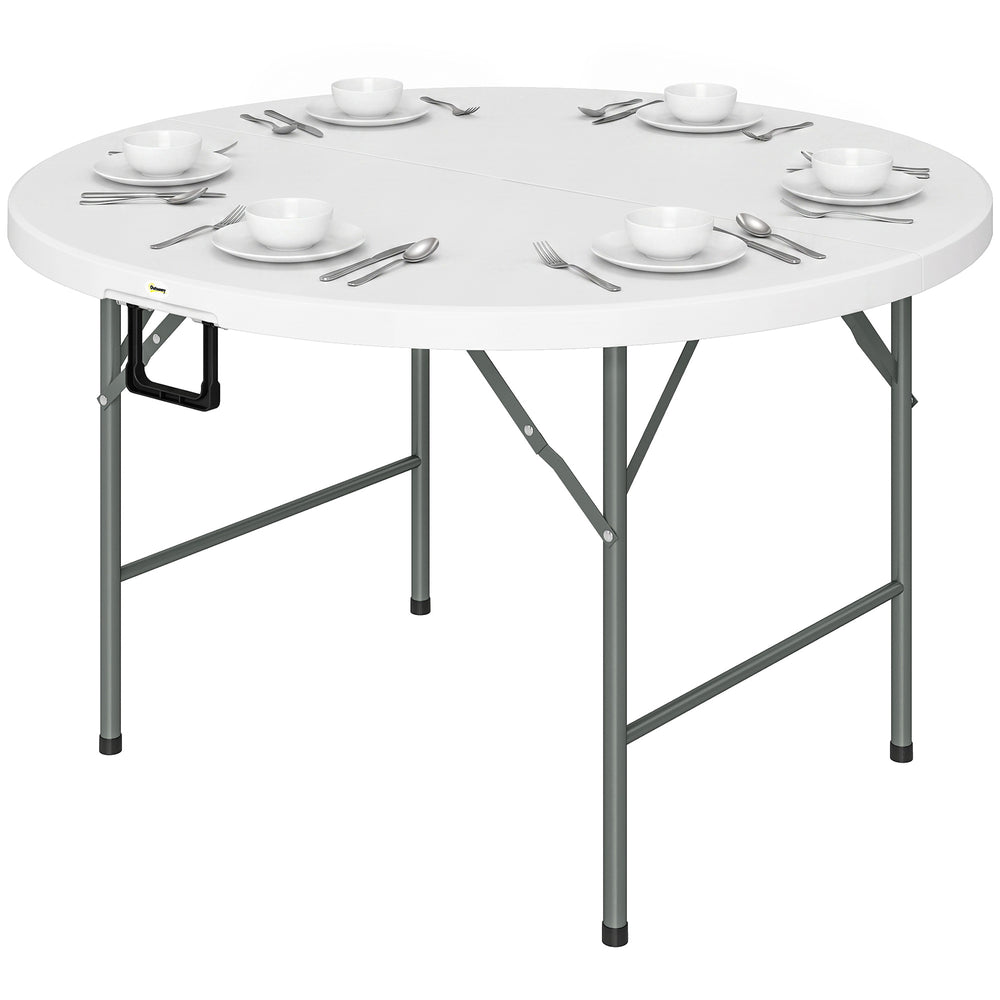 Table ronde de jardin pliante Ø122 cm peut accueillir 6 personnes pour évènement, structure métal, plateau HDPE