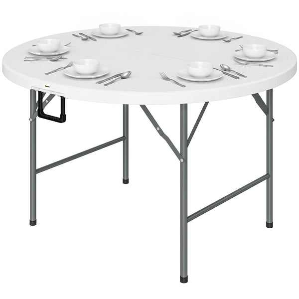 Table ronde de jardin pliante Ø122 cm peut accueillir 6 personnes pour évènement, structure métal, plateau HDPE