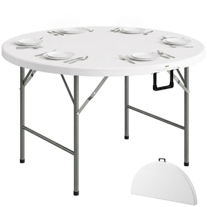 Table ronde de jardin pliante Ø122 cm peut accueillir 6 personnes pour évènement, structure métal, plateau HDPE