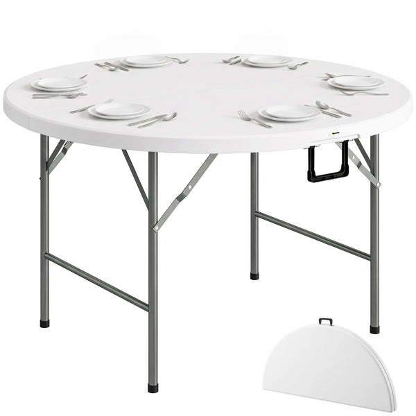 Table ronde de jardin pliante Ø122 cm peut accueillir 6 personnes pour évènement, structure métal, plateau HDPE