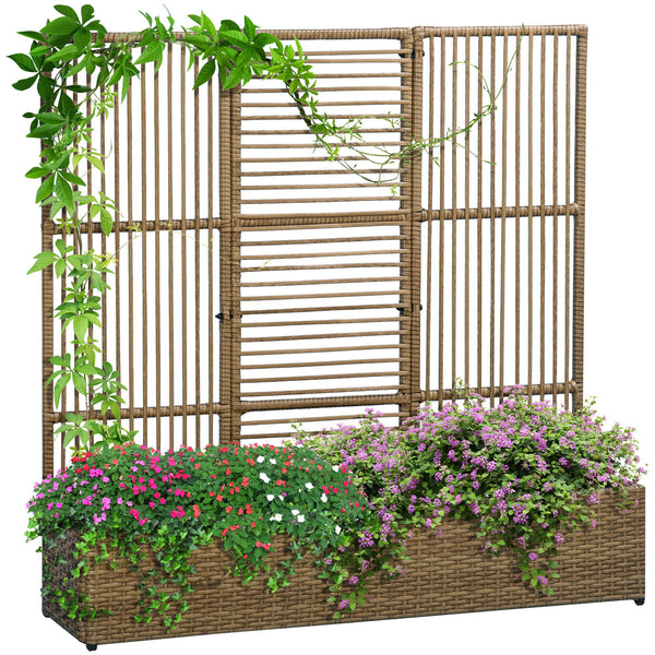 Jardinière avec treillis jardinière sur pied support pour plantes avec treillis bac à fleurs rectangulaire en résine tressée PE et acier dim. 103L x 29l x 103H cm marron