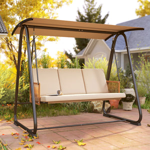 Balancelle de Jardin 3 Places avec Toit Réglable UPF 30+ - Structure Acier Robuste 360kg, Coussin Grand Confort 7cm - Banc Suspendu Extérieur pour Terrasse, Sable