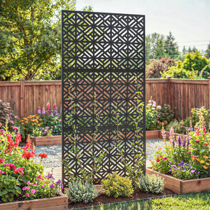 Panneau Brise Vue décoratif Extérieur Claustra Décoratif Jardin 3 Panneaux à motif géométrique paravent extérieur avec support en métal 92 x 40 x 192 cm, Noir