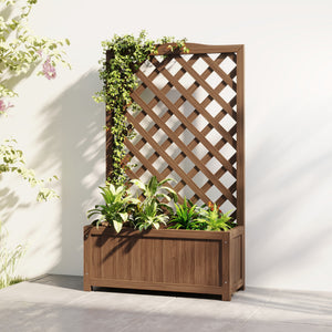 Jardinière avec treillis, bac à fleurs, lit surélevé, pour plantes grimpantes, légumes, fleurs, en bois massif, intérieur et extérieur, cour, jardin, balcon, 70 x 28 x 117 cm, café foncé