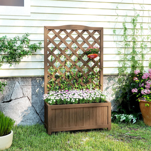 Jardinière avec treillis, bac à fleurs, lit surélevé, pour plantes grimpantes, légumes, fleurs, en bois massif, intérieur et extérieur, cour, jardin, balcon, 70 x 28 x 117 cm, café foncé