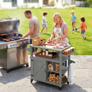 Desserte jardin chariot de barbecue sur roulettes îlot de cuisine en bois plateau en acier inoxydable placard étagères ouvertes porte-épices porte-serviettes décapsuleur 107x49,5x92,5cm gris