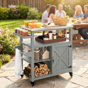 Desserte jardin chariot de barbecue sur roulettes îlot de cuisine en bois plateau en acier inoxydable placard étagères ouvertes porte-épices porte-serviettes décapsuleur 107x49,5x92,5cm gris