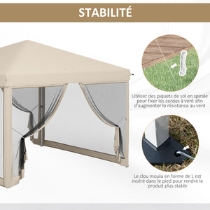 Tonnelle Barnum Pliant Pop-up imperméabilisé Style Colonial 3L x 3l x 2,65H m 4 moustiquaires + Sac de Transport Beige Noir