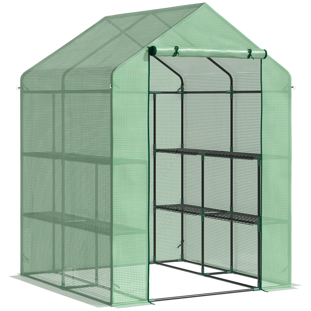 Serre de Jardin avec Étagères 3 Niveaux, Petite Serre de Balcon en Bâche PE 140 g/㎡ Renforcée et Châssis Acier, pour Légumes et Fleurs, Intérieur et Extérieur, 143 x 138 x 190 cm, Vert
