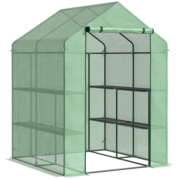 Serre de Jardin avec Étagères 3 Niveaux, Petite Serre de Balcon en Bâche PE 140 g/㎡ Renforcée et Châssis Acier, pour Légumes et Fleurs, Intérieur et Extérieur, 143 x 138 x 190 cm, Vert
