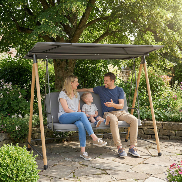 Balancelle de Jardin 3 Places, Balançoire Extérieure avec Toit Réglable et Coussin Épais Amovible, Cadre en Acier, Charge 360 kg, pour Balcon, Jardin, Terrasse, 208 x 125 x 180 cm, Gris