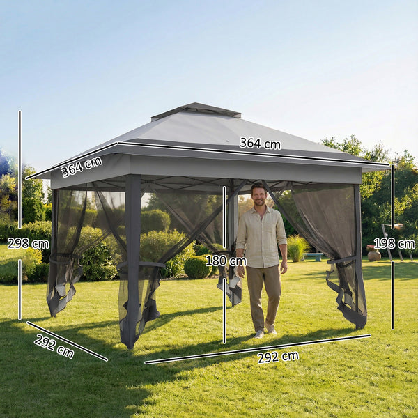 Tonnelle de jardin extérieur tonnelle pliante 3,6x3,6m avec double toit acier polyester moustiquaires + sac de transport à roulettes gris
