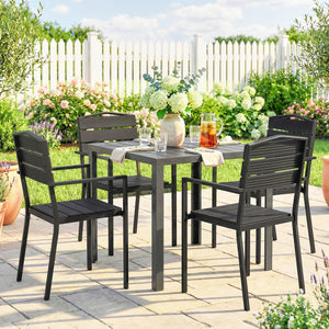 - Ensemble de 4 chaises de jardin empilables, avec assise et dossier en HDPE à lattes, accoudoirs et structure en métal, pour terrasse ou balcon, noir