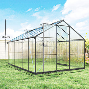 Serre de jardin en aluminium polycarbonate 8,97m² 363x247cm, serre avec fenêtres réglables, porte battante et gouttières, abri extérieur résistant aux intempéries pour plante fleur, noir
