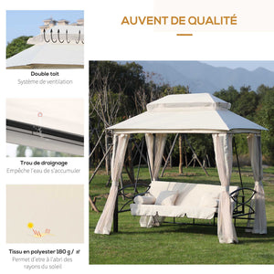 Balancelle de Jardin 3 Places Convertible Style Colonial Grand Confort 2 Coussins + Matelas + moustiquaires Inclus Noir Beige