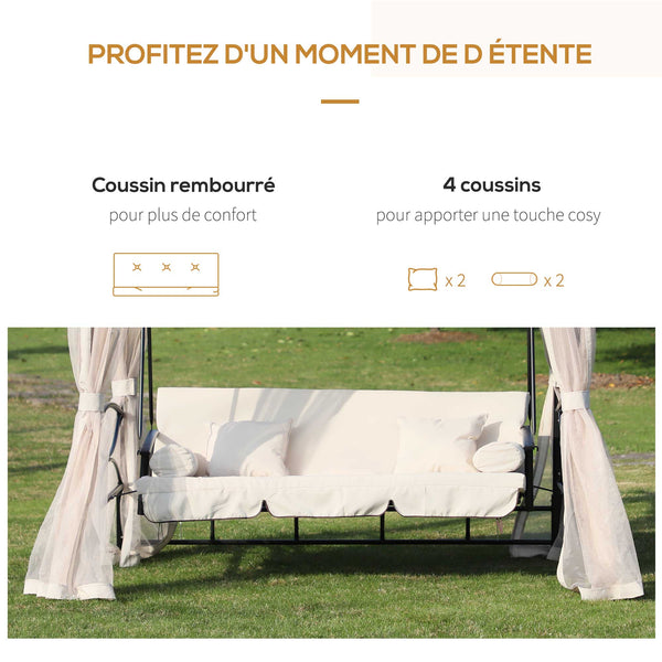 Balancelle de Jardin 3 Places Convertible Style Colonial Grand Confort 2 Coussins + Matelas + moustiquaires Inclus Noir Beige