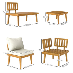 Salon de jardin extérieur d'angle 5 places modulable en bois d'acacia avec canapés et table basse, plateau à lattes et coussins inclus, mobilier de jardin terrasse véranda, crème