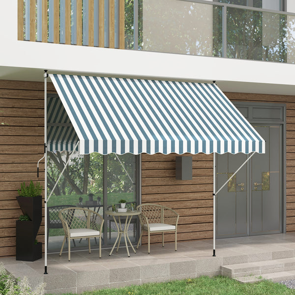 Store banne Manuel rétractable 3L x 1,5l m Auvent Téléscopique sans Perçage Inclinaison et Hauteur réglable Installation Rapide métal alu Polyester Anti-UV vert blanc rayé