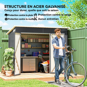 Abri de jardin en métal, cabane de jardin extérieure 234 x 132 x 185 cm, triple porte verrouillable, toit incliné, aérations et gants, cabanon rangement outils en acier galvanisé, gris foncé