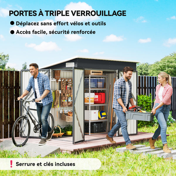 Abri de jardin en métal, cabane de jardin extérieure 234 x 132 x 185 cm, triple porte verrouillable, toit incliné, aérations et gants, cabanon rangement outils en acier galvanisé, gris foncé